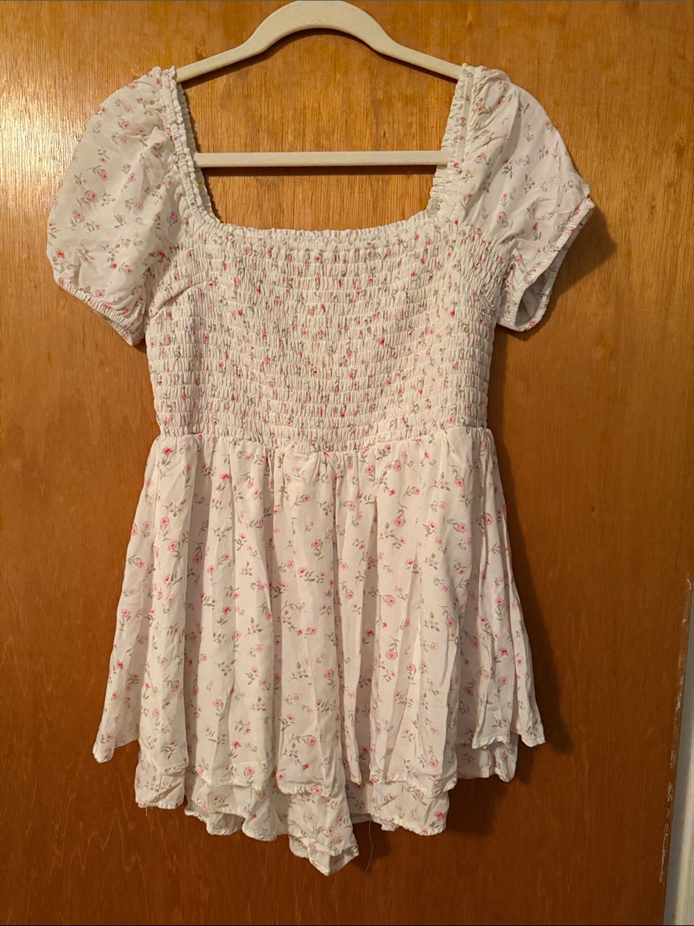 Altar'd State White Smocked Floral romper with Pink Accents